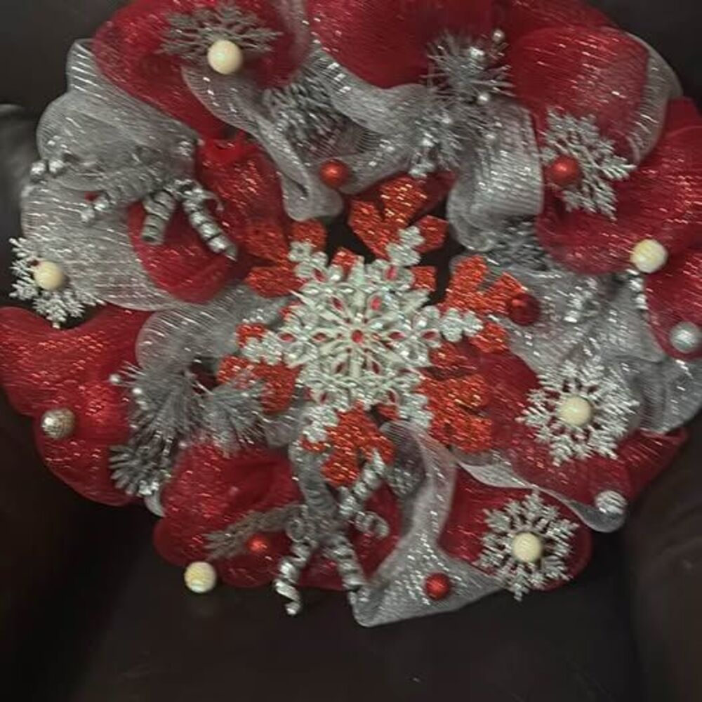 Red and Silver Snowflake Deco Mesh Wreath